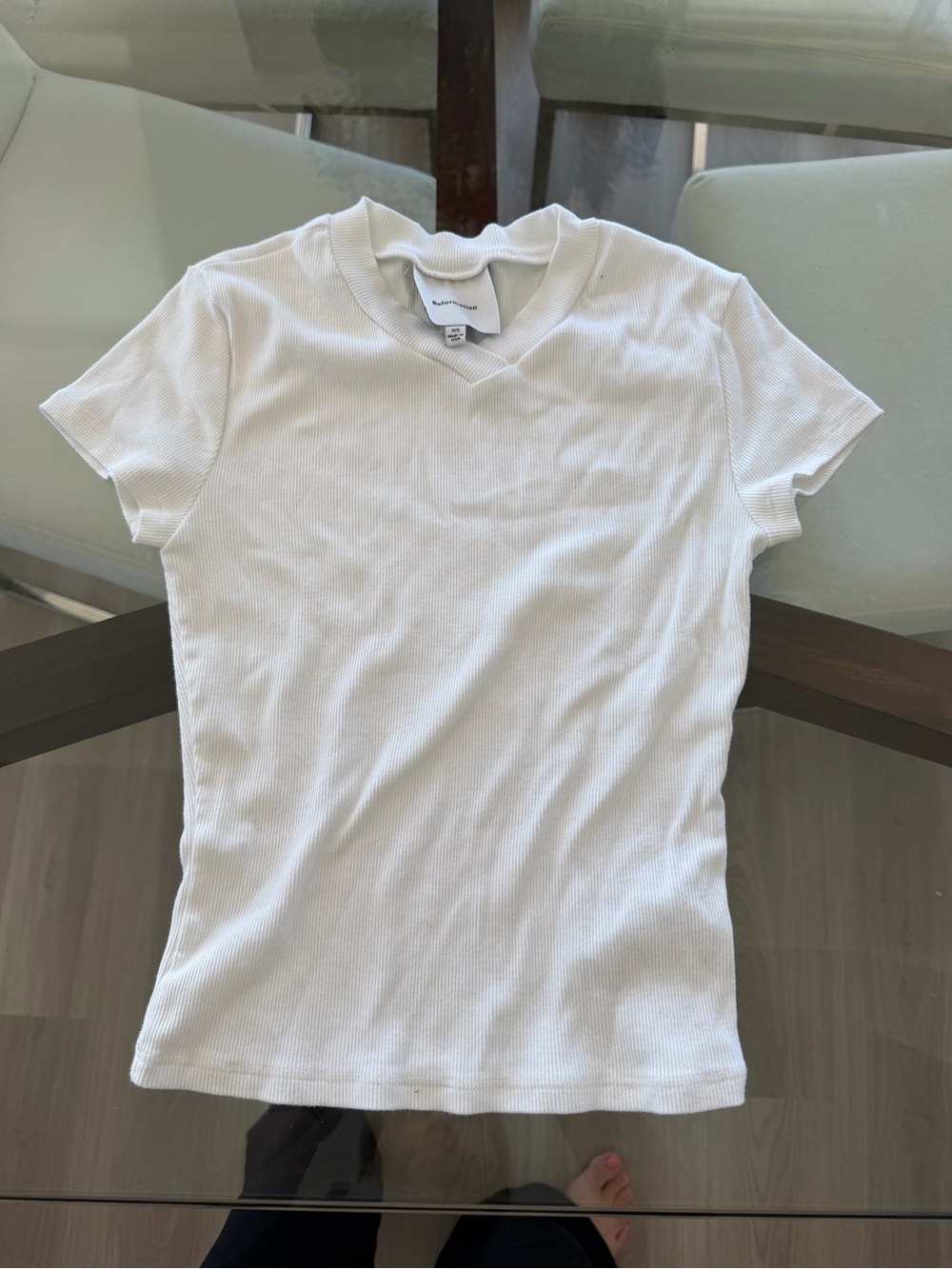 Reformation Lindie White Ribbed V-Neck Top